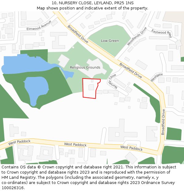 10, NURSERY CLOSE, LEYLAND, PR25 1NS: Location map and indicative extent of plot