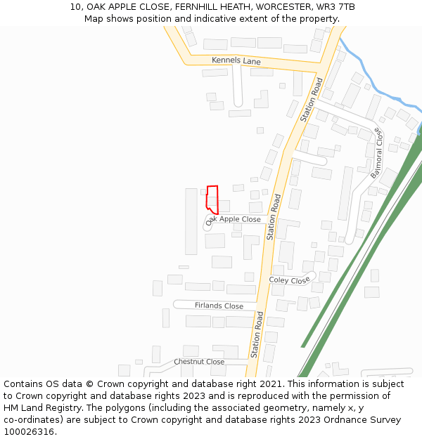 10, OAK APPLE CLOSE, FERNHILL HEATH, WORCESTER, WR3 7TB: Location map and indicative extent of plot