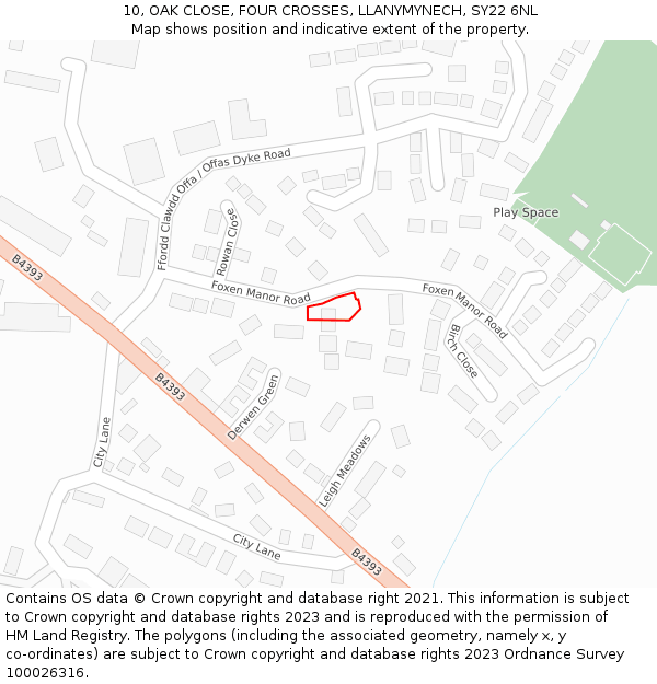 10, OAK CLOSE, FOUR CROSSES, LLANYMYNECH, SY22 6NL: Location map and indicative extent of plot