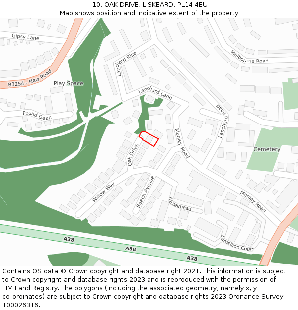 10, OAK DRIVE, LISKEARD, PL14 4EU: Location map and indicative extent of plot