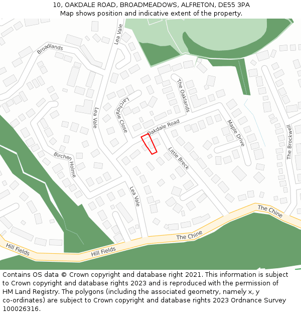 10, OAKDALE ROAD, BROADMEADOWS, ALFRETON, DE55 3PA: Location map and indicative extent of plot