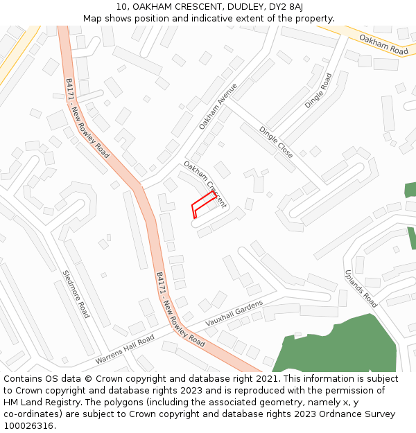 10, OAKHAM CRESCENT, DUDLEY, DY2 8AJ: Location map and indicative extent of plot