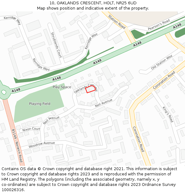 10, OAKLANDS CRESCENT, HOLT, NR25 6UD: Location map and indicative extent of plot