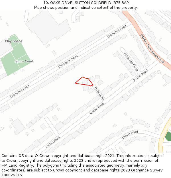 10, OAKS DRIVE, SUTTON COLDFIELD, B75 5AP: Location map and indicative extent of plot