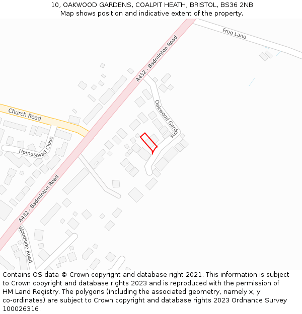 10, OAKWOOD GARDENS, COALPIT HEATH, BRISTOL, BS36 2NB: Location map and indicative extent of plot