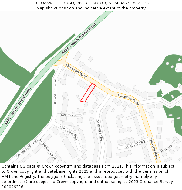 10, OAKWOOD ROAD, BRICKET WOOD, ST ALBANS, AL2 3PU: Location map and indicative extent of plot