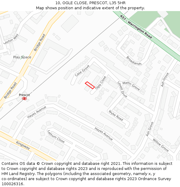 10, OGLE CLOSE, PRESCOT, L35 5HR: Location map and indicative extent of plot