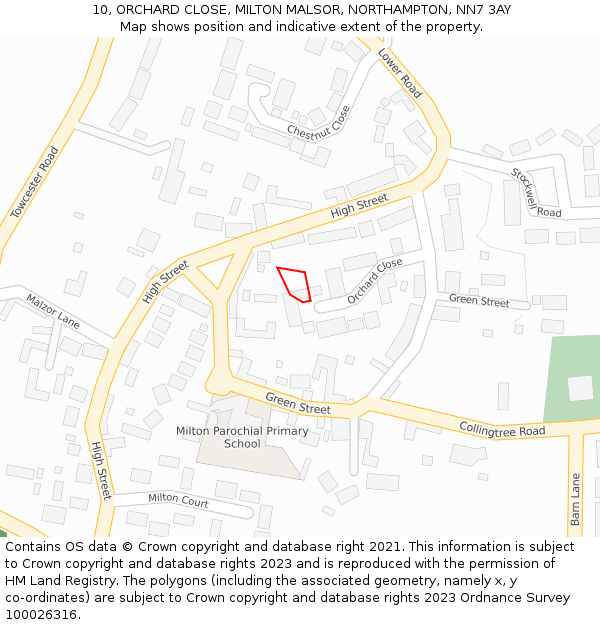 10, ORCHARD CLOSE, MILTON MALSOR, NORTHAMPTON, NN7 3AY: Location map and indicative extent of plot