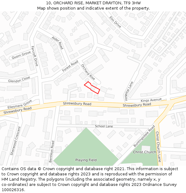 10, ORCHARD RISE, MARKET DRAYTON, TF9 3HW: Location map and indicative extent of plot