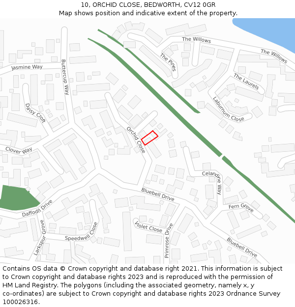 10, ORCHID CLOSE, BEDWORTH, CV12 0GR: Location map and indicative extent of plot