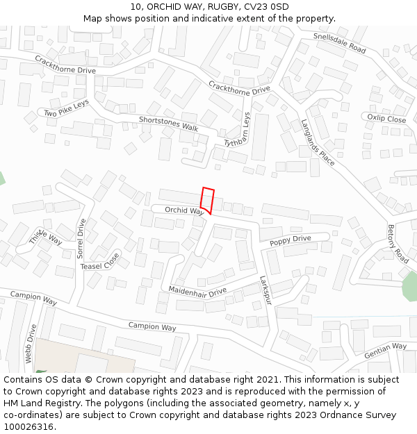 10, ORCHID WAY, RUGBY, CV23 0SD: Location map and indicative extent of plot