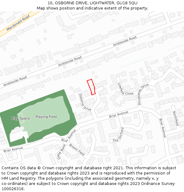 10, OSBORNE DRIVE, LIGHTWATER, GU18 5QU: Location map and indicative extent of plot