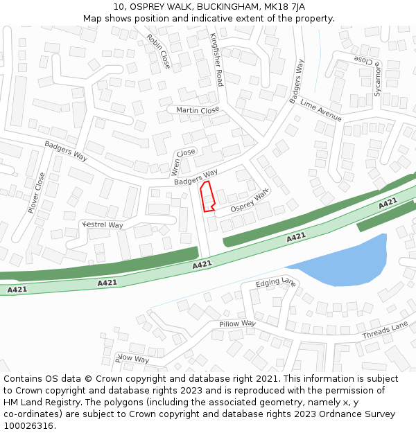 10, OSPREY WALK, BUCKINGHAM, MK18 7JA: Location map and indicative extent of plot