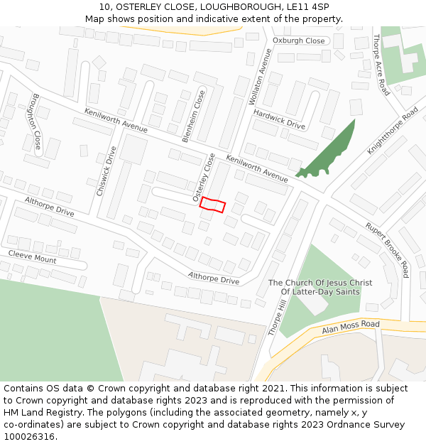 10, OSTERLEY CLOSE, LOUGHBOROUGH, LE11 4SP: Location map and indicative extent of plot