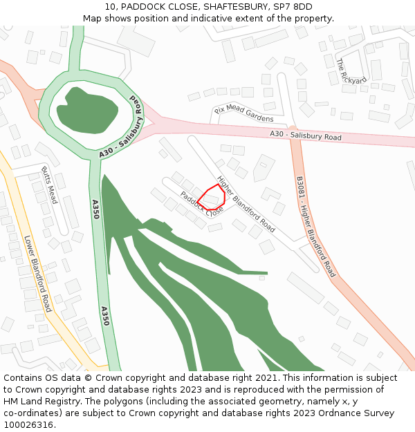 10, PADDOCK CLOSE, SHAFTESBURY, SP7 8DD: Location map and indicative extent of plot