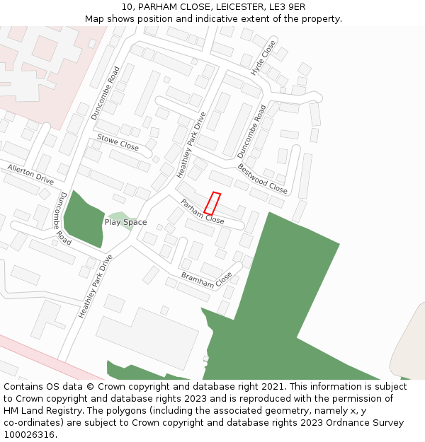 10, PARHAM CLOSE, LEICESTER, LE3 9ER: Location map and indicative extent of plot