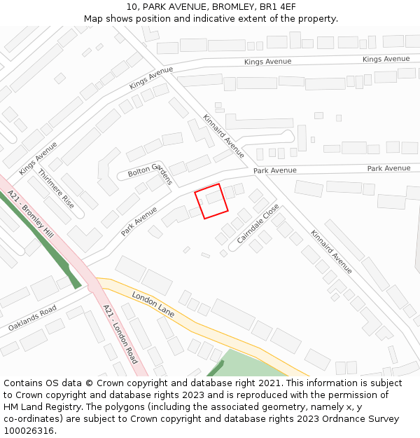 10, PARK AVENUE, BROMLEY, BR1 4EF: Location map and indicative extent of plot