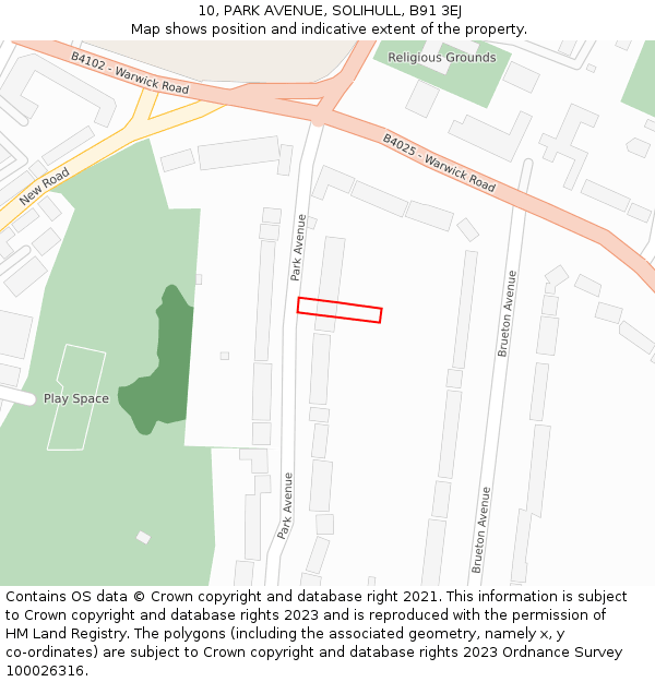 10, PARK AVENUE, SOLIHULL, B91 3EJ: Location map and indicative extent of plot