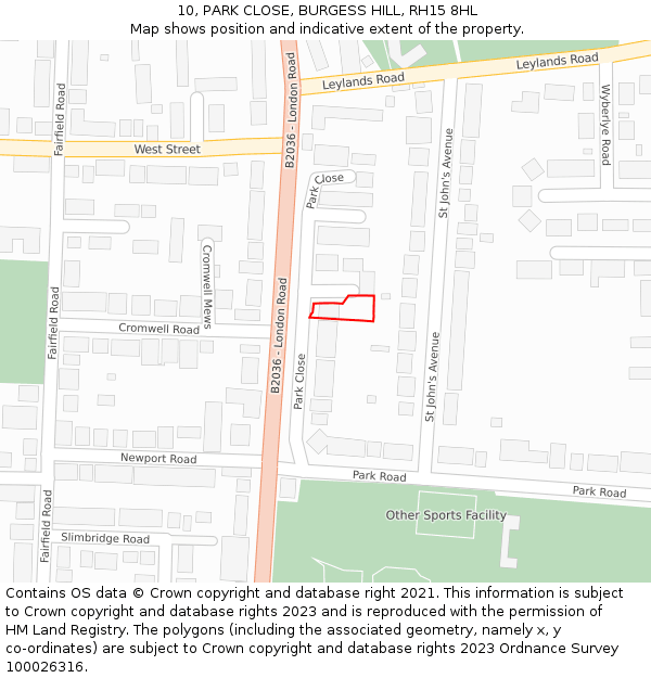 10, PARK CLOSE, BURGESS HILL, RH15 8HL: Location map and indicative extent of plot