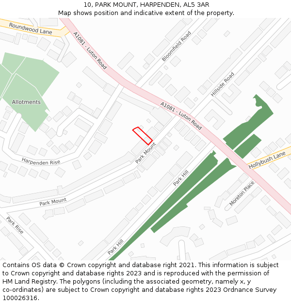 10, PARK MOUNT, HARPENDEN, AL5 3AR: Location map and indicative extent of plot