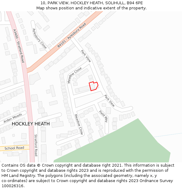 10, PARK VIEW, HOCKLEY HEATH, SOLIHULL, B94 6PE: Location map and indicative extent of plot