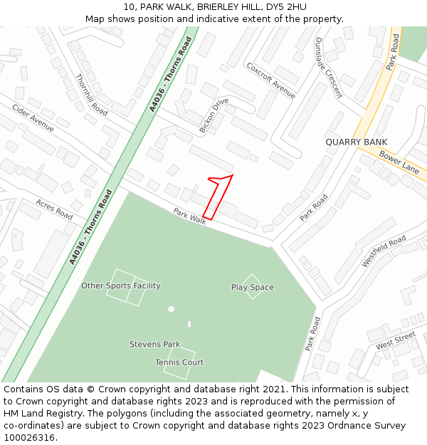 10, PARK WALK, BRIERLEY HILL, DY5 2HU: Location map and indicative extent of plot