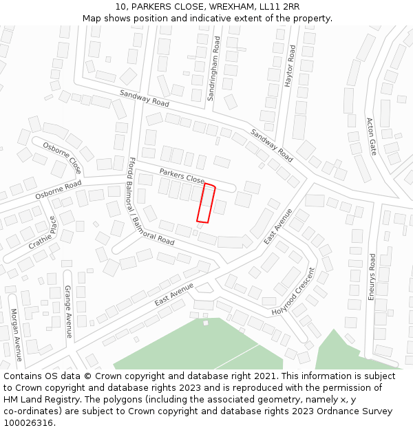 10, PARKERS CLOSE, WREXHAM, LL11 2RR: Location map and indicative extent of plot