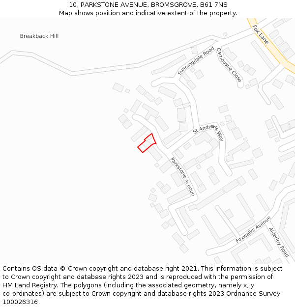 10, PARKSTONE AVENUE, BROMSGROVE, B61 7NS: Location map and indicative extent of plot