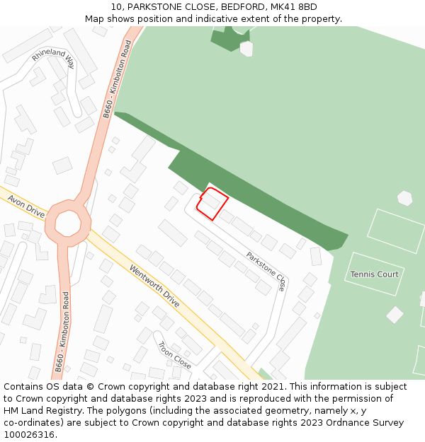 10, PARKSTONE CLOSE, BEDFORD, MK41 8BD: Location map and indicative extent of plot