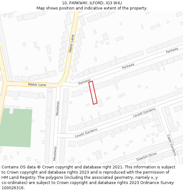 10, PARKWAY, ILFORD, IG3 9HU: Location map and indicative extent of plot
