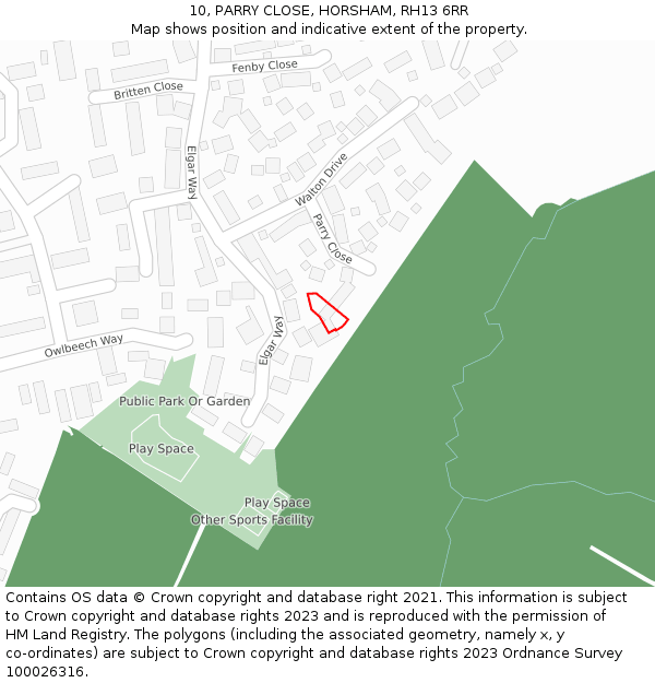 10, PARRY CLOSE, HORSHAM, RH13 6RR: Location map and indicative extent of plot