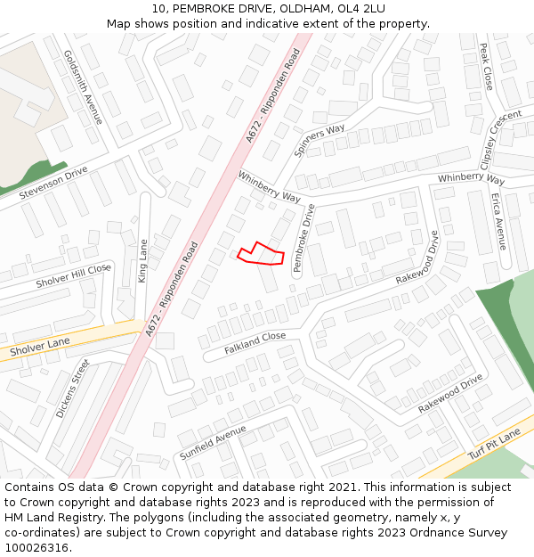 10, PEMBROKE DRIVE, OLDHAM, OL4 2LU: Location map and indicative extent of plot