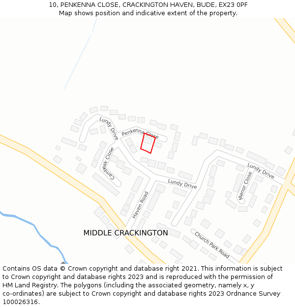 10, PENKENNA CLOSE, CRACKINGTON HAVEN, BUDE, EX23 0PF: Location map and indicative extent of plot