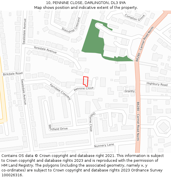10, PENNINE CLOSE, DARLINGTON, DL3 9YA: Location map and indicative extent of plot
