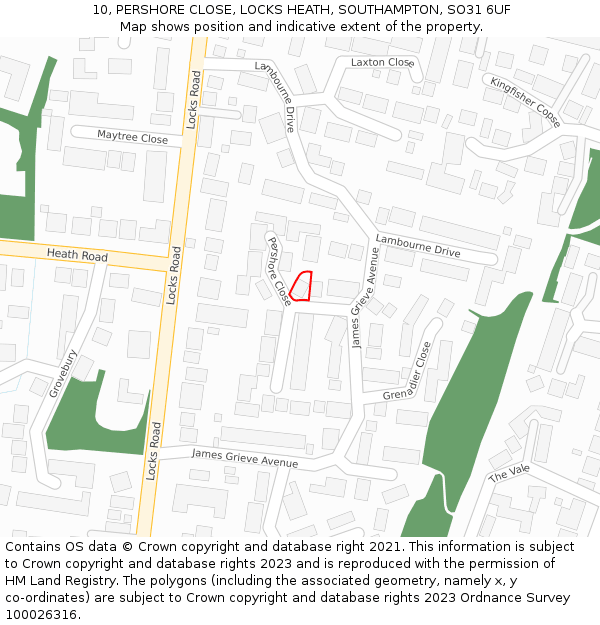 10, PERSHORE CLOSE, LOCKS HEATH, SOUTHAMPTON, SO31 6UF: Location map and indicative extent of plot