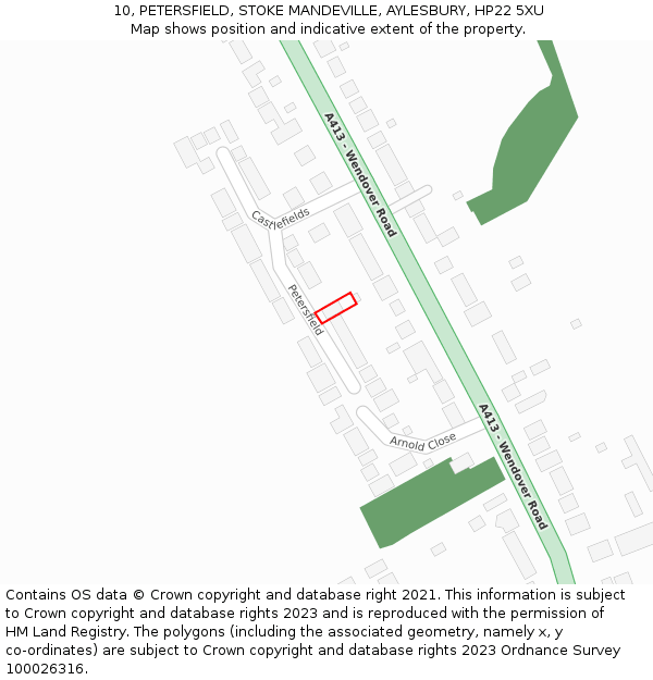 10, PETERSFIELD, STOKE MANDEVILLE, AYLESBURY, HP22 5XU: Location map and indicative extent of plot