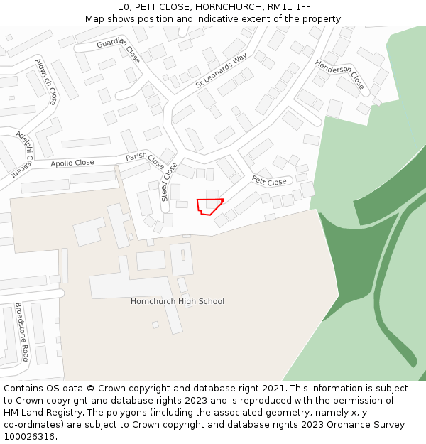10, PETT CLOSE, HORNCHURCH, RM11 1FF: Location map and indicative extent of plot