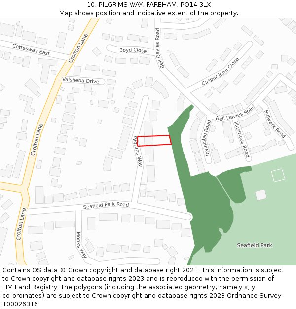 10, PILGRIMS WAY, FAREHAM, PO14 3LX: Location map and indicative extent of plot