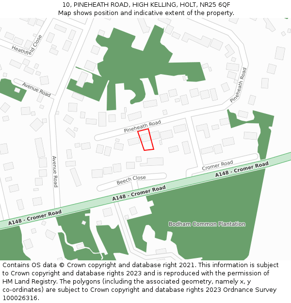 10, PINEHEATH ROAD, HIGH KELLING, HOLT, NR25 6QF: Location map and indicative extent of plot