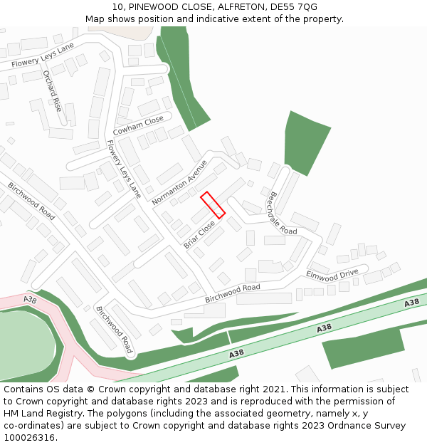 10, PINEWOOD CLOSE, ALFRETON, DE55 7QG: Location map and indicative extent of plot