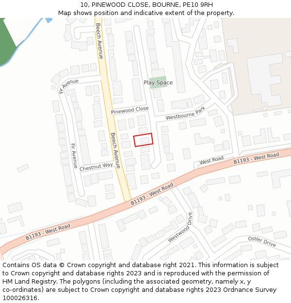 10, PINEWOOD CLOSE, BOURNE, PE10 9RH: Location map and indicative extent of plot