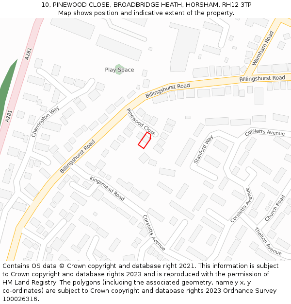 10, PINEWOOD CLOSE, BROADBRIDGE HEATH, HORSHAM, RH12 3TP: Location map and indicative extent of plot