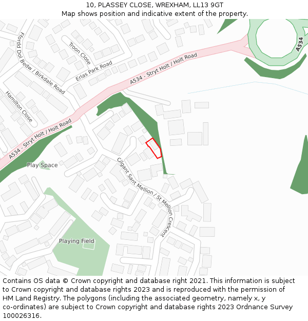 10, PLASSEY CLOSE, WREXHAM, LL13 9GT: Location map and indicative extent of plot