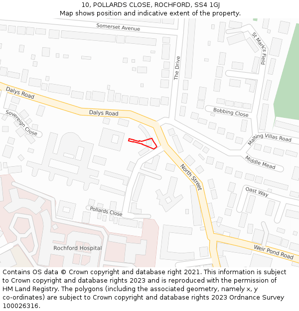 10, POLLARDS CLOSE, ROCHFORD, SS4 1GJ: Location map and indicative extent of plot