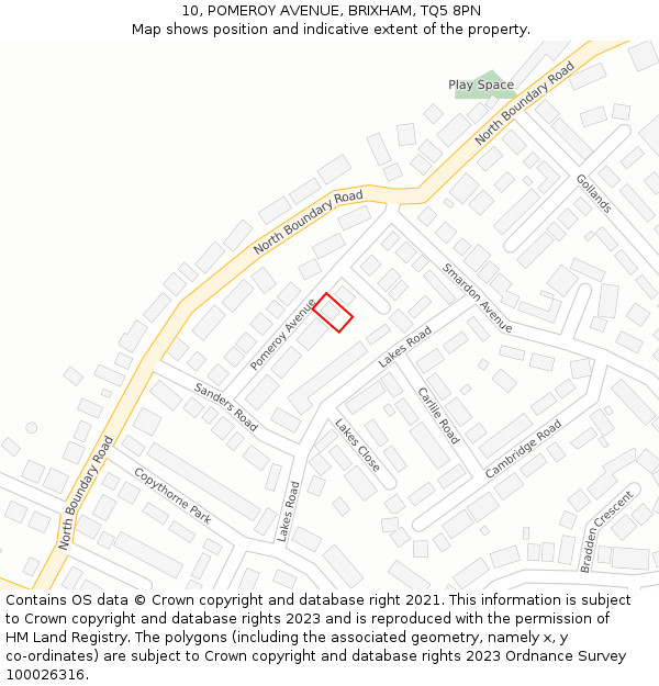 10, POMEROY AVENUE, BRIXHAM, TQ5 8PN: Location map and indicative extent of plot