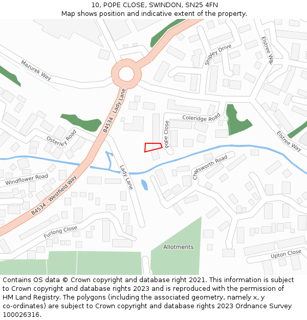 10, POPE CLOSE, SWINDON, SN25 4FN: Location map and indicative extent of plot