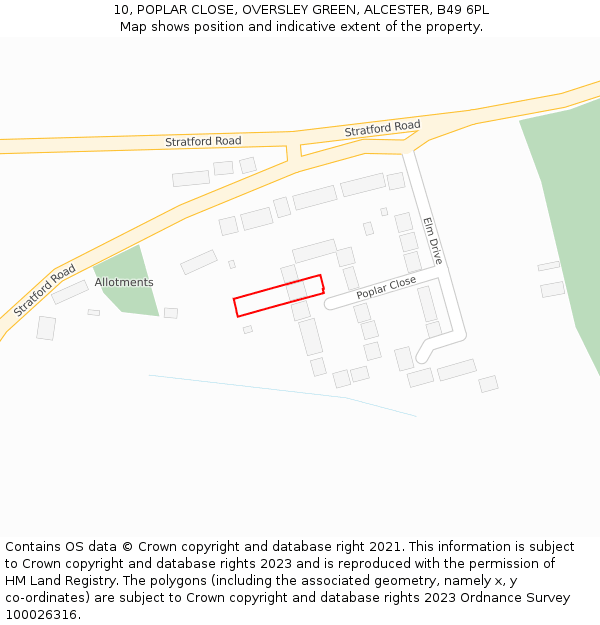 10, POPLAR CLOSE, OVERSLEY GREEN, ALCESTER, B49 6PL: Location map and indicative extent of plot