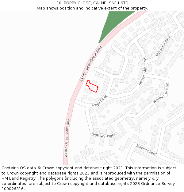 10, POPPY CLOSE, CALNE, SN11 9TD: Location map and indicative extent of plot