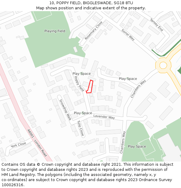 10, POPPY FIELD, BIGGLESWADE, SG18 8TU: Location map and indicative extent of plot