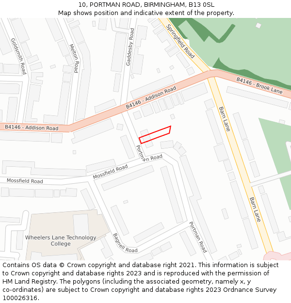 10, PORTMAN ROAD, BIRMINGHAM, B13 0SL: Location map and indicative extent of plot